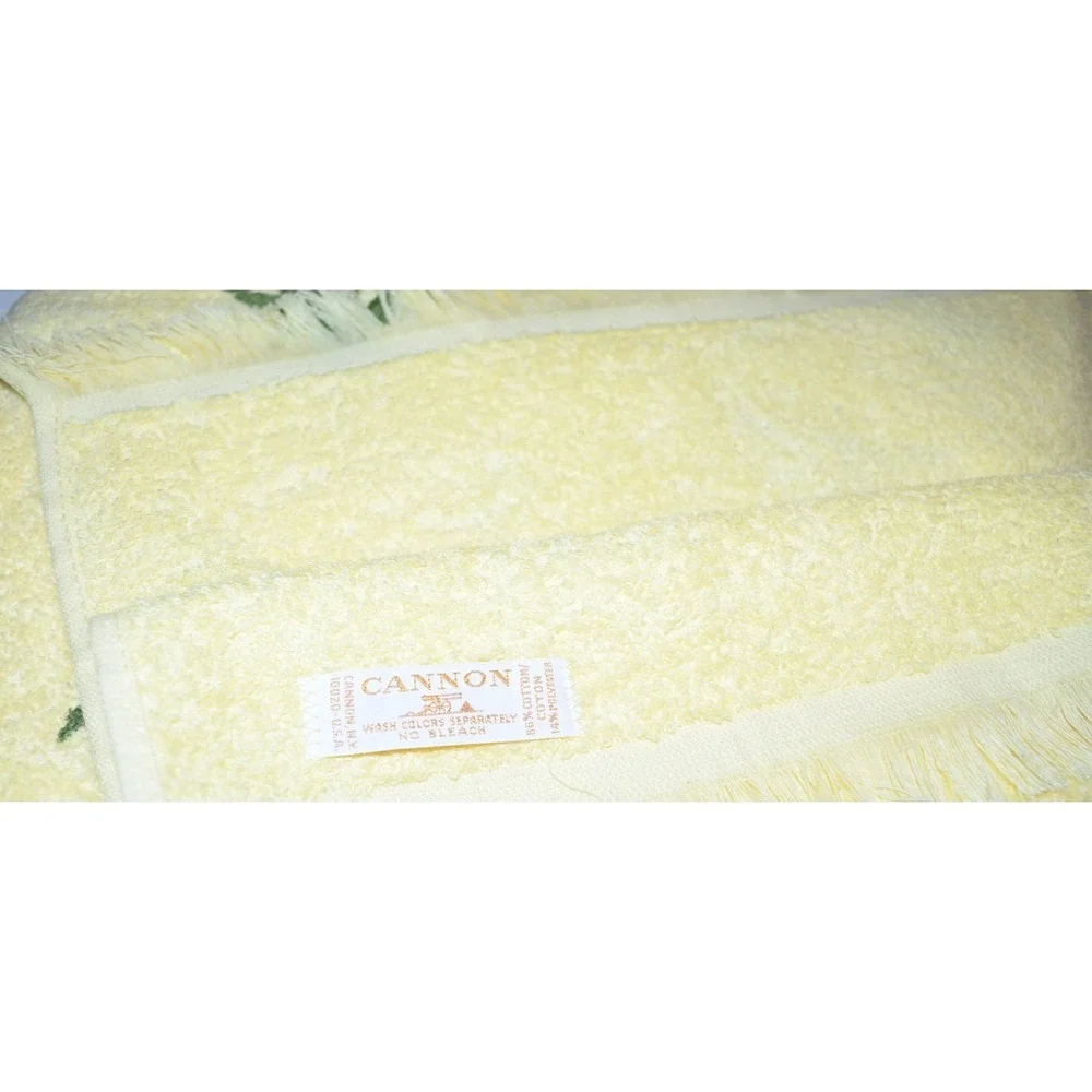 Vtg 70s Set Cannon Daisy Fringed Bath Hand Towels Wash cloth Yellow